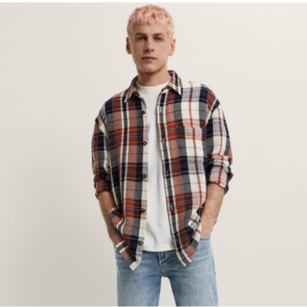 Zara Textured Plaid Cotton Overshirt M